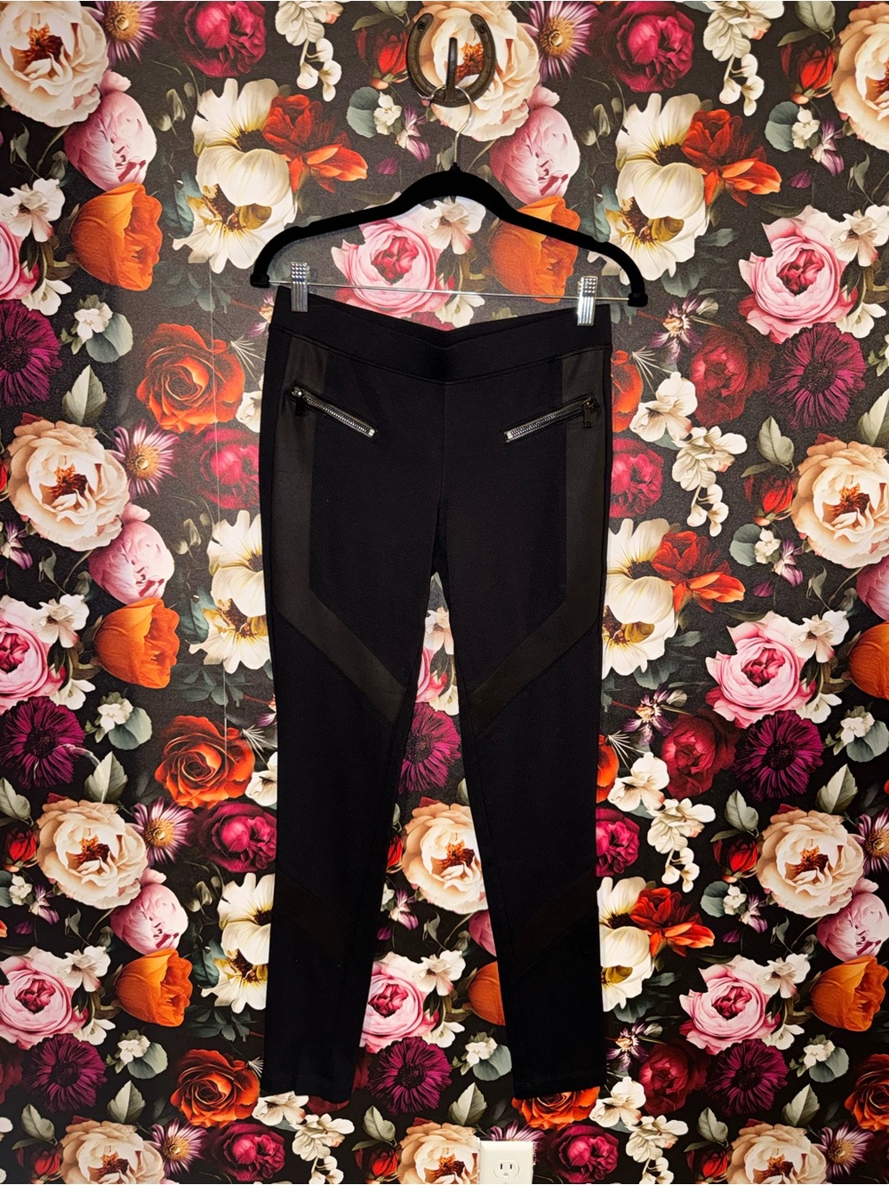 Express Black Women’s Ponte Leggings with Zip Pockets & Faux Leather Panels, S